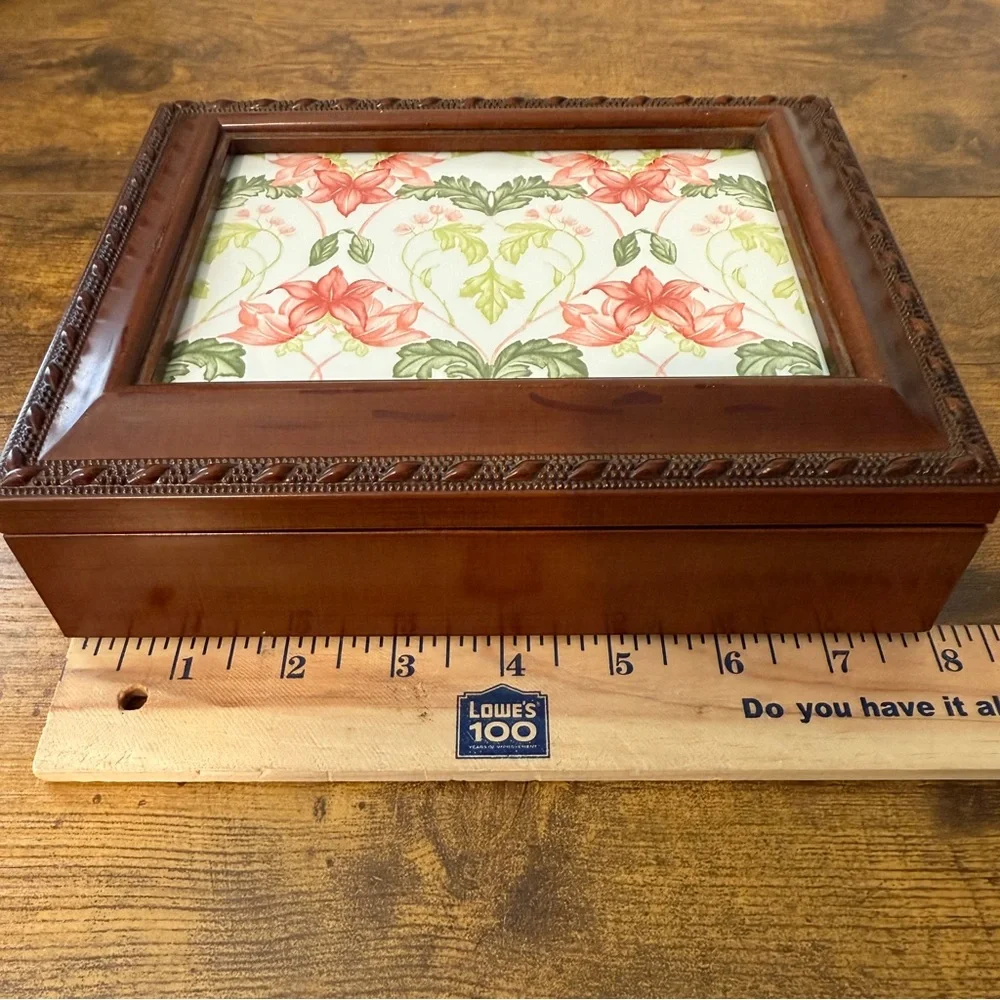 VTG Jewelry Box Photo Frame Brown Faux Wood Velvet Lined Grannycore Cottage Boho